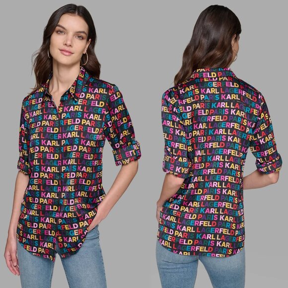 NWT New $109 Karl Lagerfeld Logo Button Front Blouse Size 2X - Picture 1 of 9